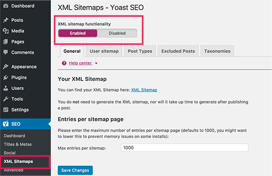 Yoast ওয়ার্ডপ্রেস এসইও প্লাগইনে XML Sitemaps সক্রিয় করা 