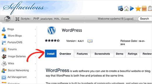 Softaculous ব্যবহার করে ওয়ার্ডপ্রেস ইনস্টল চালিয়ে যেতে ইনস্টল ট্যাব ক্লিক করুন 