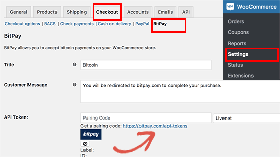 WooCommerce মধ্যে BitPay আপ সেটিং 