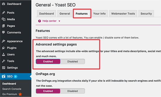 Yoast SEO এর জন্য উন্নত সেটিংস পৃষ্ঠা সক্ষম করুন 