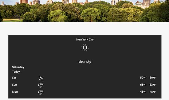 একটি ওয়ার্ডপ্রেস ওয়েবসাইটে প্রদর্শিত আবহাওয়া পূর্বাভাস 