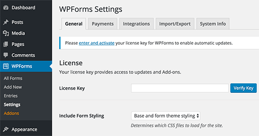 WPForms লাইসেন্স কী যোগ করা 